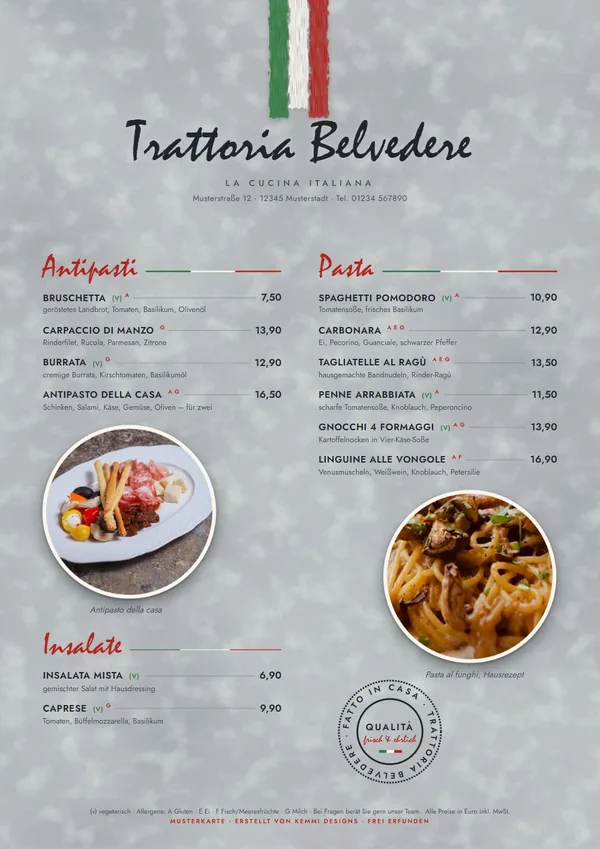 Muster-Speisekarte der erfundenen Trattoria Belvedere mit Antipasti, Pasta, Insalate und runden Fotos